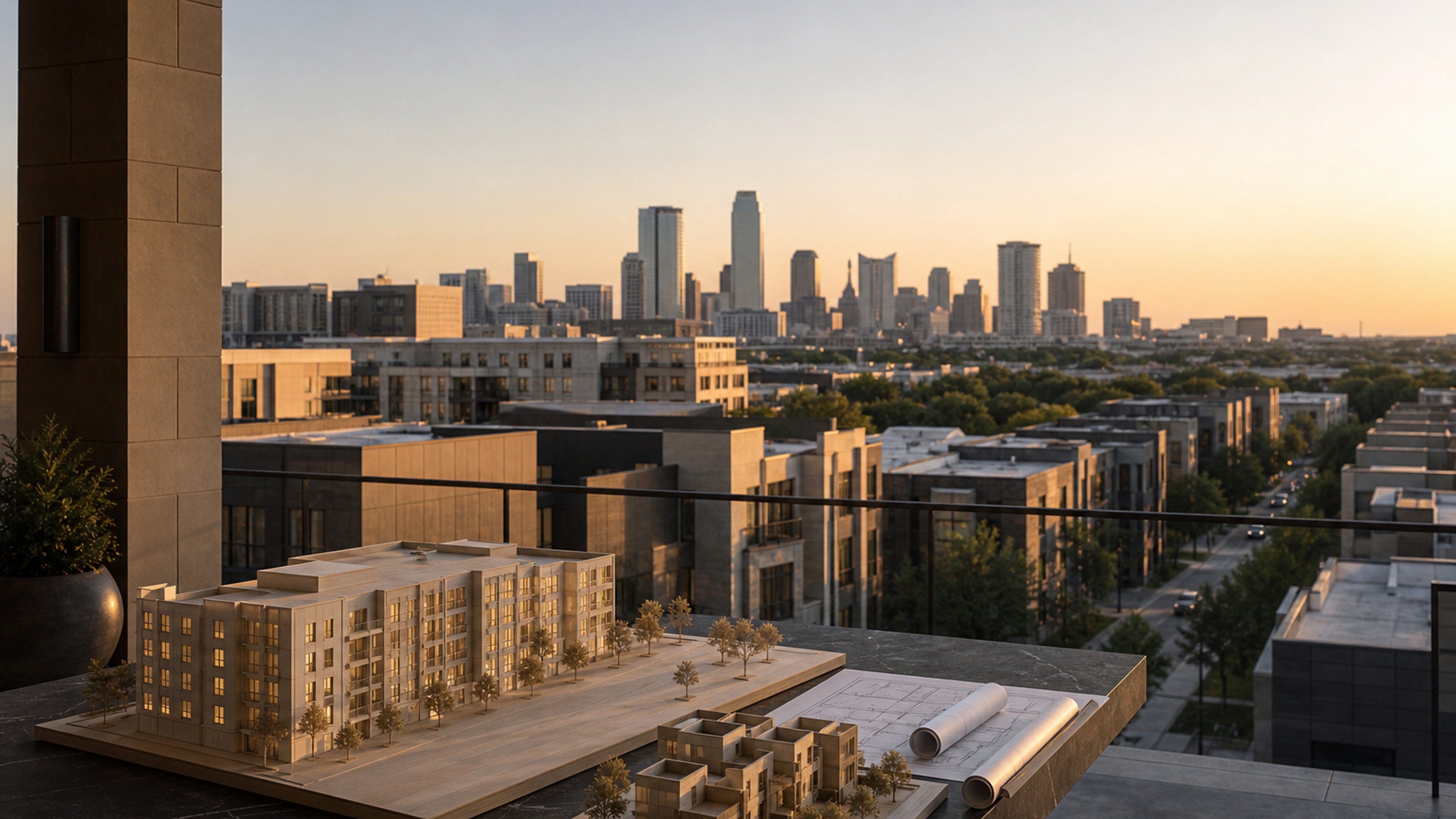 Architectural models and a city skyline
